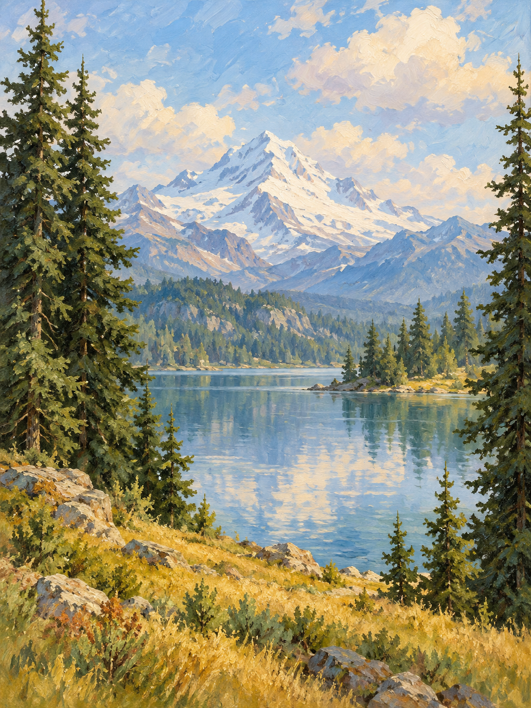 An evergreen forest and mountain reflected in a peaceful lake