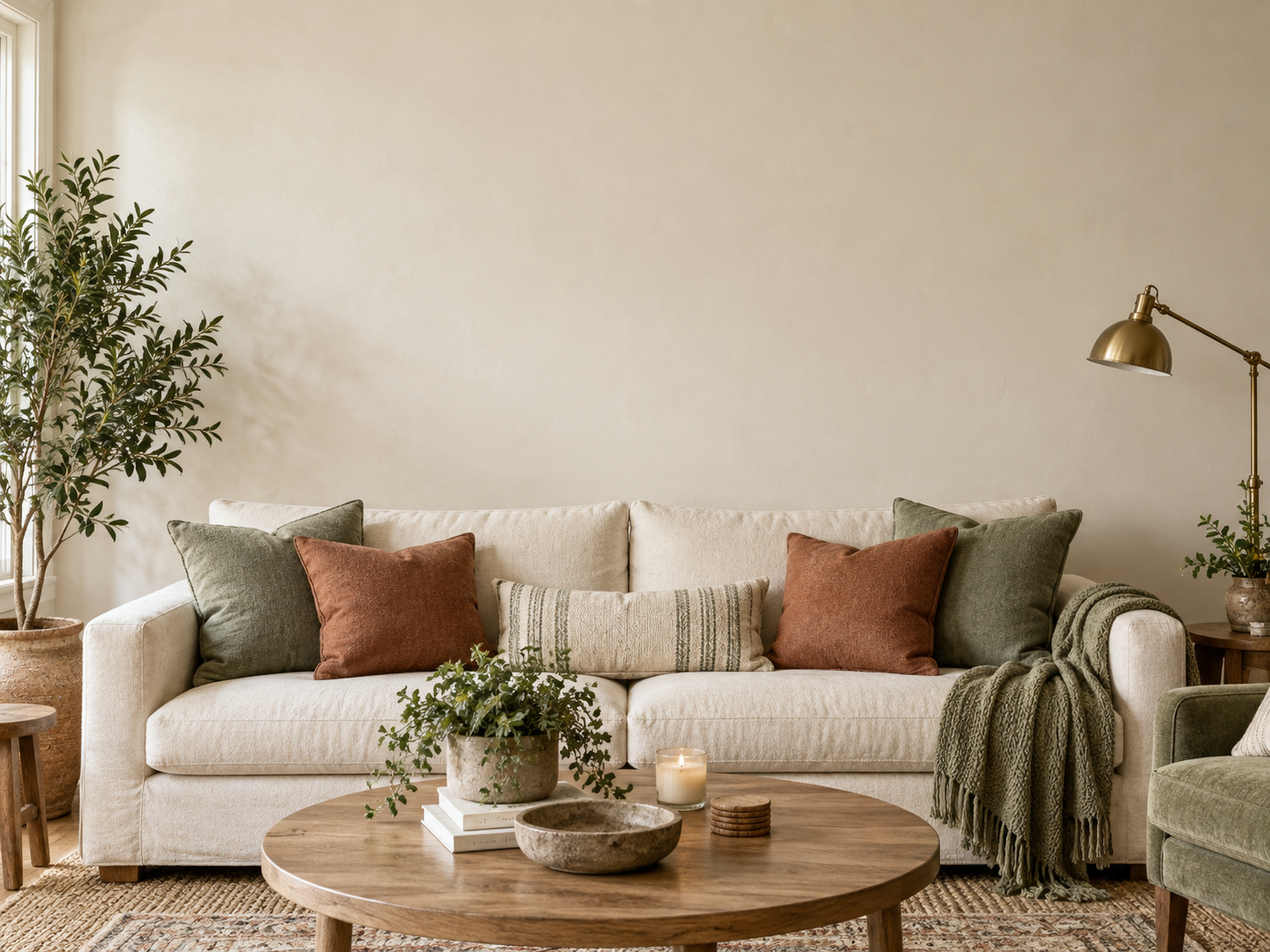 A cozy living room with a cream sofa and space for art